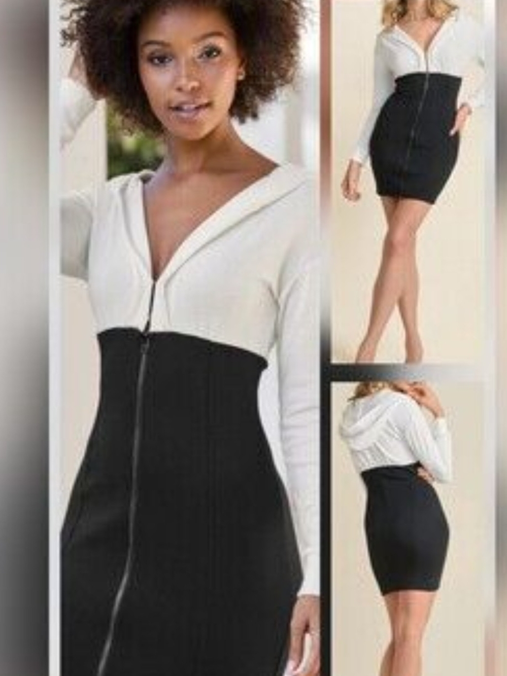 VENUS Black and White Long Sleeve Zip Front Bodycon Dress